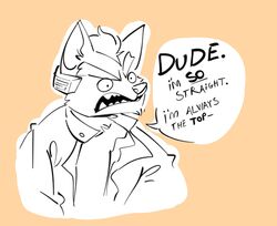  angry anthro canid canine canis clothed clothing dialogue digital_media_(artwork) english_text fox fox_mccloud hi_res jacket male mammal monochrome nintendo open_mouth salamikii simple_background solo speech_bubble star_fox stated_heterosexuality stated_sexuality text topwear 