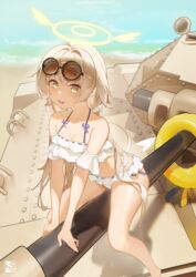  absurdres bare_arms bare_legs bare_shoulders beach bikini blue_archive blush breasts cleavage collarbone day eyewear_on_head female frilled_bikini frills halo hifumi_(blue_archive) hifumi_(swimsuit)_(blue_archive) highres innertube light_brown_hair long_hair looking_at_viewer low_twintails ocean official_alternate_costume open_mouth outdoors rein_yukimatsu sitting small_breasts smile solo sunglasses swim_ring swimsuit twintails white_bikini yellow_eyes yellow_halo 