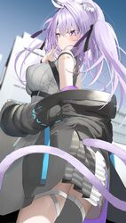  3d_background absurdres ahoge animal_ear_fluff animal_ears arm_strap bandaid bandaid_on_arm black_jacket black_ribbon cat_ears cat_girl cat_tail chest_harness commentary_request covered_nipples female from_below from_side grey_shirt grey_skirt grey_thighhighs hair_intakes hair_ribbon hand_up harness highres hololive jacket kamioka_shun&#039;ya knees_out_of_frame long_hair long_sleeves looking_at_viewer miniskirt mixed_media nekomata_okayu nekomata_okayu_(8th_costume) off_shoulder official_alternate_costume official_alternate_hairstyle outdoors pleated_skirt purple_eyes purple_hair ribbed_shirt ribbon shirt single_thighhigh skirt sleeveless sleeveless_shirt slit_pupils solo standing tail tail_through_clothes thigh_strap thighhighs turtleneck twintails virtual_youtuber 