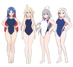  4girls absurdres ahoge blonde_hair blue_one-piece_swimsuit breasts brown_eyes green_eyes grey_eyes grey_hair hair_ornament highres iowa_(kancolle) kantai_collection massachusetts_(kancolle) multicolored_hair multiple_girls noruren one-piece_swimsuit pink_hair red_eyes simple_background south_dakota_(kancolle) star_(symbol) star_hair_ornament swimsuit two-tone_hair washington_(kancolle) white_background white_one-piece_swimsuit 