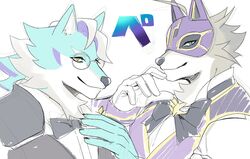  anthro blue_body blue_eyes blue_fur bow_tie canid canine canis clothing duo esperdica eyewear fox fur glasses gloves grey_body grey_fur handwear hi_res izm_rm7 lifewonders live_a_hero male mammal mask pecs phantom_thief smile vulpecula wolf yellow_eyes 