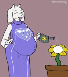  2024 5_fingers absurd_res anthro belly big_belly big_breasts boss_monster_(undertale) bovid breasts caprine closed_eyes clothed clothed_anthro clothed_female clothing dress dweevil female fingers flower fur goat hi_res horn humanoid_hands mammal mayternity_2024 open_mouth open_smile plant pregnant pregnant_anthro pregnant_female signature smile solo standing toriel undertale_(series) watering watering_can white_body white_fur 