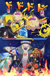  1boy 3girls :d agent_3_(splatoon_3) alternate_costume artist_name asymmetrical_hair bandaged_foot bandages big_man_(splatoon) black_jacket black_pants black_shirt blonde_hair blue_hair charm_(object) chest_sarashi clenched_hands colored_tongue crop_top dark-skinned_female dark_skin empty_eyes english_commentary fangs fire firing frye_(splatoon) gakuran gameplay_mechanics gloves hair_over_one_eye hair_tie hairband headphones health_bar hero_shot_(splatoon_3) highres holding holding_weapon ink_tank_(splatoon) inkling inkling_girl inkling_player_character jacket long_hair long_pointy_ears long_sleeves manta_ray midriff multiple_girls navel octobomber octoling octotrooper one_eye_covered open_clothes open_jacket open_mouth orange_pupils osu!_tatakae!_ouendan pants planet pointy_ears purple_tongue red_eyes sarashi school_uniform shirt shiver_(splatoon) smile sound_effects space splatoon_(series) splatoon_3 standing star-shaped_pupils star_(symbol) stup-jam suction_cups symbol-shaped_pupils tabi tentacle_hair translation_request twintails v-shaped_eyebrows watermark weapon white_gloves white_hairband yellow_eyes yellow_shirt 