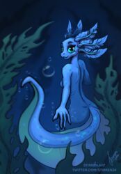  amphibian anthro ass axolotl black_and_blue breasts bubble female green_eyes hi_res looking_at_viewer marine mermay mole_salamander monochrome reaching_out rear_view salamander sea_creature seaweed side_boob simple_background solo stirren text underwater url water 