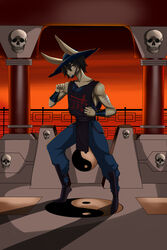  2020 2:3 absurd_res anthro black_eyes black_hair black_nose bone boots bottomwear bracelet brown_body brown_fur chinese_text clothing cosplay detailed_background fighting_pose footwear fur fur_markings hair hat headgear headwear hi_res james_flynn jewelry kung_lao lagomorph leporid long_ears male mammal markings mortal_kombat pants pose rabbit shadow shaolin_monk short_hair skull skull_head solo text tutifruti_(artist) yin_yang 