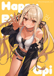  artist_name bare_shoulders belt black_belt black_jacket black_shorts blonde_hair breasts brown_eyes cleavage clenched_teeth collar collarbone crop_top female fingernails hair_ornament hair_ribbon happy_birthday highres jacket kaminari_qpi kaminari_qpi_(3rd_costume) knees_together_feet_apart kurebayashi_noe light_blush long_fingernails long_hair looking_at_viewer medium_breasts midriff nail_polish navel oerba_yun_fang off_shoulder orange_nails outstretched_hand parted_bangs ribbon short_shorts shorts sidelocks skin_fang smile solo spiked_collar spikes tank_top teeth thigh_gap thigh_strap twintails very_long_hair virtual_youtuber vspo! white_tank_top x_hair_ornament 