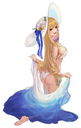  angelica_(brown_dust) ass barefoot bikini blonde_hair blue_towel blush bracelet breasts brown_dust brown_dust_2 chaa_art feet female flower full_body hat hat_flower highres jewelry kneeling large_breasts large_hat long_hair looking_to_the_side open_mouth red_eyes sideboob simple_background smile soles solo sun_hat swimsuit teeth toes upper_teeth_only very_long_hair white_background white_bikini 