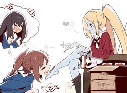  3girls :d =_= afterimage anger_vein barefoot beef black_hair black_thighhighs blazer blonde_hair blue_jacket blue_skin bovine box brown_hair can canned_food cardboard_box chikura_shizuru clenched_hands collared_shirt colored_skin d: drooling feeding food food_on_foot from_side highres holding holding_can jacket kuroki_mito long_hair meat multiple_girls nakatomi_yoka open_mouth ponytail profile red_jacket saliva school_uniform serafuku shirt shuumatsu_train_doko_e_iku? single_bare_leg single_thighhigh sitting smile squeans thighhighs thighhighs_pull thought_bubble twintails yuri zhanzhangzlw 