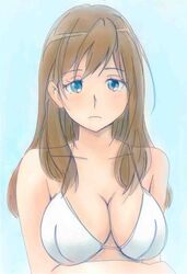  bikini blue_eyes breasts brown_hair female hibike!_euphonium highres kuroe_mayu large_breasts light_frown long_hair looking_at_viewer marker_(medium) potekite solo swimsuit traditional_media white_bikini 