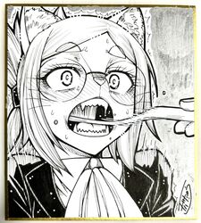  anthro black_and_white bodily_fluids clothing cvatoshi domestic_cat duo eyebrow_through_hair eyebrows eyelashes eyelashes_through_hair eyewear felid feline felis female female_anthro fully_clothed_anthro fully_clothed_female glasses hair hi_res hitoner human inner_ear_fluff kemono looking_at_another mammal miss_tonerico monochrome nervous nervous_sweat object_in_mouth offscreen_character open_mouth shirt signature snout solo_focus sweat teeth tongue topwear translucent translucent_hair tuft whiskers 