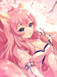  absurdres aizuke_(vtuber) animal_ears branch breasts cherry_blossoms cleavage cleavage_cutout closed_mouth clothing_cutout commission crossed_bangs dress eyelashes female fox_ears fox_girl fox_tail highres holding holding_branch indie_virtual_youtuber kitsune large_breasts long_hair multiple_tails pink_hair purple_eyes shadow skyvee_(artist) solo tail twitter_username virtual_youtuber white_dress 