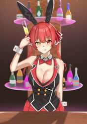  :p animal_ears bartender blush bottle bow bowtie breasts bunny_garden cleavage cosplay cup fake_animal_ears female hand_up highres holding holding_cup hololive houshou_marine kana_(bunny_garden) kana_(bunny_garden)_(cosplay) kurikato large_breasts long_hair looking_at_viewer nontraditional_playboy_bunny rabbit_ears red_bow red_bowtie red_eyes red_hair red_skirt skirt solo standing tongue tongue_out virtual_youtuber white_wrist_cuffs wrist_cuffs yellow_eyes 