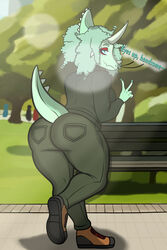  2024 2:3 3_horns absurd_res anthro ass bench big_butt breasts bubble_butt ceratopsian claws clothing detailed_background dialogue digital_drawing_(artwork) digital_media_(artwork) dinosaur dizzy_weas english_text extinct eyelashes female finger_claws fingers frill_(anatomy) gesture goodbye_volcano_high hair hand_gesture hi_res horn leslie_(gvh) looking_at_viewer looking_back looking_back_at_viewer multi_horn ornithischian outside park park_bench prehistoric_species reptile scalie smile snout solo spiked_tail spikes spikes_(anatomy) sweater tail talking_to_viewer teal_body teal_eyes teal_hair teal_scales text thick_thighs topwear triceratops v_sign wide_hips 