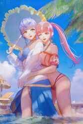  2girls blue_hair blue_sky braid breasts cloud commentary crown_braid eyewear_on_head fire_emblem fire_emblem:_three_houses fire_emblem_heroes frilled_umbrella frills highres hilda_valentine_goneril hilda_valentine_goneril_(summer) holding holding_umbrella hug irisl large_breasts marianne_von_edmund marianne_von_edmund_(summer) multiple_girls official_alternate_costume open_mouth palm_tree pink_hair sky sunglasses swimsuit tree twintails umbrella yellow_eyes 