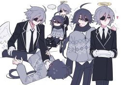  ... 2boys ? ahoge alela_grora_(funamusea) angel_wings bishounen black_coat black_hair black_necktie black_pants black_scarf closed_mouth coat collarbone collared_shirt english_commentary eyepatch funamusea genderswap_(ftm) gloves grenade72015524 grey_eyes haiiro_teien hair_between_eyes halo hand_on_another&#039;s_shoulder highres holding holding_paper huge_ahoge jacket male_focus multiple_boys multiple_views necktie outline pale_skin pants paper print_jacket red_eyes rule_63 scarf shirt short_hair simple_background sitting smile speech_bubble strangling sweat teeth wheelchair white_background white_gloves white_outline white_shirt wings wodahs_(funamusea) yaoi 