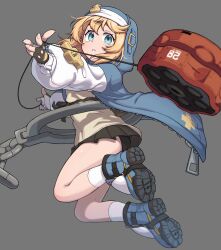  1boy absurdres androgyne_symbol bbyong403 black_skirt blonde_hair blue_eyes blue_footwear blue_hoodie blue_jacket bridget fingerless_gloves gloves grey_background guilty_gear guilty_gear_strive highres hood hood_up hoodie jacket long_sleeves male_focus otoko_no_ko parted_lips puffy_long_sleeves puffy_sleeves shoes skirt sneakers solo yo-yo 