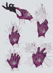  2girls animal_print black_gloves commentary gloves grey_background hand_focus hand_in_another&#039;s_glove highres holding_hands honkai:_star_rail honkai_(series) jewelry kafka_(honkai:_star_rail) multiple_girls multiple_rings purple_gloves red_nails ring spider_print stelle_(honkai:_star_rail) sweat symbol-only_commentary trailblazer_(honkai:_star_rail) trembling yhnb_19_(twitter) yuri 