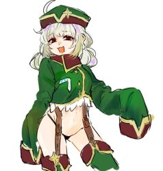  :3 ahoge araga_kiwi badge belt black_panties cowboy_shot double_bun female green_hat green_jacket hair_bun hat huan1034097 jacket leoparde_(mahou_shoujo_ni_akogarete) long_sleeves looking_at_viewer mahou_shoujo_ni_akogarete military_hat open_mouth panties red_eyes simple_background smile solo underwear white_background white_hair 