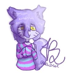  90_percent_studios angel_grimalkin anthro clothing demiboy domestic_cat ears_up felid feline felis fur hair jewelry long_hair long_tail male mammal necklace purple_body purple_fur purrfect_apawcalypse rudlex2 solo sweater tail topwear yellow_eyes 