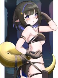  :o absurdres arknights arm_strap arm_up ass bandeau bare_shoulders black_bandeau black_gloves black_hair black_panties blush breasts bright_pupils cowboy_shot crop_top eunectes_(arknights) female flower gloves hair_flower hair_ornament hand_on_own_hip highres looking_at_viewer medium_breasts multicolored_hair panties parted_lips purple_eyes purple_hair short_hair skindentation solo spam_(spamham4506) standing strapless streaked_hair sweat tail thigh_strap underwear white_pupils yellow_flower yellow_tail 