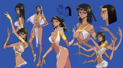  absurdres alternate_costume arm_up arms_up bandaged_arm bandages black_hair blue_background blue_eyes blunt_bangs bracelet breasts circlet cleavage colored_extremities crop_top dark-skinned_female dark_skin doodle_inset earrings egyptian_art egyptian_clothes extra_arms eye_of_horus eye_tattoo female from_side frown full_body gold gold_armlet gold_bracelet gold_earrings gold_hairband gold_thighlet guaguapiu hairband hand_on_own_hip hand_up high_heels highres hood hood_down jewelry large_breasts long_hair looking_at_viewer multiple_bracelets multiple_views navel neck_ring nico_robin one_piece parody pelvic_curtain profile shoulder_tattoo smile tank_top tattoo thighlet tony_tony_chopper white_hood white_tank_top white_veil yellow_footwear 