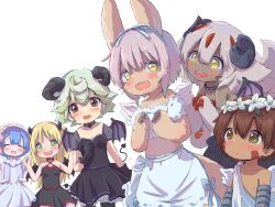  2boys 4girls absurdres angel_wings animal_ears bare_shoulders black_choker black_shirt black_skirt blonde_hair blue_bow blue_dress blue_hair blue_shirt blue_skirt blush bow breasts brown_eyes brown_fur brown_hair choker closed_mouth collar collarbone crop_top dark-skinned_female dark-skinned_male dark_skin demon_horns demon_tail demon_wings dress extra_arms extra_tails fake_horns fake_tail fake_wings faputa frilled_shirt frills furry glasses green_hair hairband head_wreath highres horizontal_pupils horns lolita_fashion long_hair made_in_abyss maruruk mechanical_arms midriff multiple_boys multiple_girls nanachi_(made_in_abyss) narehate navel nipples open_mouth otoko_no_ko pink_hairband pleated_skirt pointy_ears prushka puffy_short_sleeves puffy_sleeves rabbit_ears red_choker red_eyes reg_(made_in_abyss) riko_(made_in_abyss) robe sekaineko_001 semi-rimless_eyewear sharp_teeth shirt short_hair short_sleeves sidelocks simple_background skirt small_breasts spiked_collar spikes tail teeth topless_male twintails upper_teeth_only whiskers white_background white_hair white_robe white_shirt wings yellow_eyes 