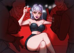  4boys artist_name bad_id bad_instagram_id bare_arms bare_legs bare_shoulders black_bra black_choker black_nails blush blushyspicy bottle bouquet box bra breasts camera_flash choker cleavage closed_mouth cocktail_glass collared_shirt cone_hair_bun couch cowboy_shot crossed_legs cup dark_background demon demon_girl drink drinking_glass drunk earrings evelynn_(league_of_legends) eyeshadow female fingernails gift gift_box glint grey_eyeshadow grin hair_bun holding holding_bouquet holding_cup holding_drink holding_gift incoming_gift jewelry k/da_(league_of_legends) k/da_all_out_evelynn large_breasts league_of_legends long_fingernails long_hair looking_at_viewer makeup martini multiple_boys nail_polish navel on_couch open_mouth outstretched_arm pencil_skirt pointed_bangs purple_lips raised_eyebrows red_couch shirt short_hair silver_earrings sitting skirt slit_pupils smile spotlight stomach strapless strapless_bra suit teeth the_baddest_evelynn thighs triangle_earrings underwear upper_teeth_only white_hair wine_bottle yellow_eyes 