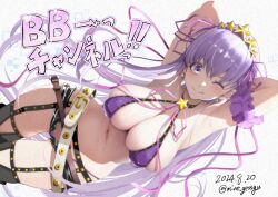  armpits arms_behind_head arms_up bare_shoulders bb_(fate) bb_(swimsuit_mooncancer)_(fate) bb_(swimsuit_mooncancer)_(second_ascension)_(fate) belt bikini black_shorts black_thighhighs blush breasts cleavage dated fate/grand_order fate_(series) female garter_belt hair_ornament hair_ribbon hairband large_breasts long_hair looking_at_viewer micro_shorts mine_(wizard) navel neck_ribbon one_eye_closed purple_bikini purple_eyes purple_hair ribbon shorts smile solo star_(symbol) star_hair_ornament swimsuit thighhighs thighs translation_request very_long_hair white_belt 