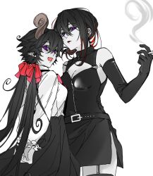  2girls black_dress black_hair black_skirt bow cowboy_shot dress elbow_gloves fumus_(funamusea) funamusea gloves hairbow horns huan1034097 long_hair long_sleeves low_twintails multicolored_hair multiple_girls open_mouth pink_bow puffy_long_sleeves puffy_sleeves purple_eyes satanick_(funamusea) shirt skirt smile streaked_hair twintails very_long_hair white_shirt 