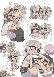  2girls ? bandeau bare_shoulders black_hair black_pants blush breasts callie_(splatoon) cleavage clenched_teeth cousins cup drinking earrings food food_on_head grey_bandeau hand_fan highres holding holding_cup holding_fan inkling jewelry long_pointy_ears marie_(splatoon) medium_breasts mole mole_under_eye multiple_girls multiple_views navel object_on_head oerba_yun_fang official_alternate_costume open_mouth oyster pants paper_fan pointy_ears reflective_clothes shirt short_hair shrimp skirt smile speech_bubble splatoon_(series) splatoon_3 spoken_question_mark star-shaped_pupils star_(symbol) strapless suspenders sweat symbol-shaped_pupils teeth tentacle_hair translation_request tube_top twintails underboob white_shirt yellow_eyes yuritokemo zipper 