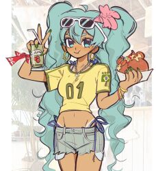  alternate_costume blue_eyes blue_hair blue_shorts borrowed_design bracelet brazil brazilian_flag breasts closed_mouth collarbone crop_top cross cross_necklace denim denim_shorts earrings erinartista eyewear_on_head female fingernails flower green_nails hair_flower hair_ornament hatsune_miku holding_juice_box hoop_earrings jewelry juice_box long_hair medium_breasts navel necklace sharp_fingernails shirt short_shorts short_sleeves shorts solo sunglasses tan tanlines v very_long_hair vocaloid white-framed_eyewear yellow_shirt 