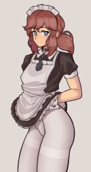  a_hat_in_time apron bad_id bad_twitter_id black_choker black_necktie black_shirt blue_eyes blush brown_hair buttoned_cuffs buttons choker closed_mouth female frilled_hairband frills fujimna hairband hand_under_clothes hat_kid highres looking_at_viewer maid maid_apron maid_headdress medium_hair necktie pantyhose shirt short_necktie short_sleeves simple_background smile solo white_apron white_pantyhose wrist_cuffs 