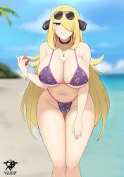  ass_visible_through_thighs beach bikini black_choker blonde_hair blurry blurry_background bracelet breasts choker cynthia_(pokemon) eyewear_on_head female hair_ornament hair_over_one_eye hand_on_own_thigh highres holding holding_poke_ball huge_breasts jewelry kaos_art long_hair looking_at_viewer navel necklace outdoors poke_ball pokemon pokemon_dppt solo sunglasses swimsuit 