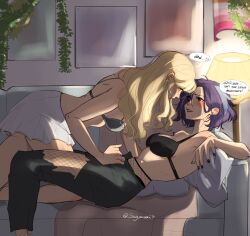  2girls alternate_costume bare_shoulders black_bra black_nails black_pants blonde_hair blush bra breasts clorinde_(genshin_impact) couch cowgirl_position earrings english_commentary fingernails fishnets genshin_impact highres indoors jewelry lampshade large_breasts lesbian_flag long_hair looking_at_another lying miniskirt multiple_girls nail_polish navia_(genshin_impact) on_back pants purple_eyes purple_hair seijousai short_hair skirt torn_clothes torn_pants twitter_username underwear white_skirt yuri 