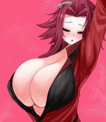  absurdres biker_clothes bikesuit bodysuit breasts cleavage closed_eyes female highres huge_breasts izayoi_aki no_bra red_background red_hair short_hair_with_long_locks spiked_hair standing stretching sweat the_only_shoe yu-gi-oh! yu-gi-oh!_5d&#039;s 