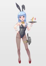  absurdres adapted_turret animal_ears black_leotard black_pantyhose blue_eyes blue_hair bow bowtie breasts cannon covered_navel cup detached_collar drink drinking_glass fake_animal_ears female full_body grey_background hand_on_own_hip hatsukaze_(kancolle) high_heels highleg highleg_leotard highres kantai_collection leotard long_hair looking_at_viewer open_mouth pantyhose playboy_bunny rabbit_ears red_footwear simple_background small_breasts solo strapless strapless_leotard thighband_pantyhose tray turret wrist_cuffs yellow_bow yellow_bowtie yuushou 