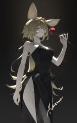  absurdres animal_ears arknights aweii bare_arms bare_shoulders black_background black_dress blonde_hair breasts closed_eyes closed_mouth dorothy_(arknights) dorothy_(hand_of_destiny)_(arknights) dress female flower hair_intakes highres holding holding_flower jewelry long_hair medium_breasts mouse_ears necklace official_alternate_costume pelvic_curtain red_flower red_rose rose signature simple_background solo strapless strapless_dress very_long_hair 