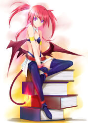  absurdres agito_(nanoha) blue_bra book book_stack bra burning demon_girl demon_tail demon_wings female highres long_hair looking_at_viewer lyrical_nanoha magical_girl mahou_shoujo_lyrical_nanoha_strikers mikazuki_akira! mini_person minigirl non-web_source purple_eyes quad_tails red_hair solo tail underwear wings 