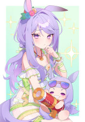  absurdres alternate_hairstyle animal_ears blush breasts character_doll cleavage closed_mouth collarbone female glasses gold_ship_(run_revolt_launcher)_(umamusume) gold_ship_(umamusume) highres horse_ears horse_girl jewelry looking_at_viewer low_twintails mejiro_mcqueen_(ripple_fairlady)_(umamusume) mejiro_mcqueen_(umamusume) necklace official_alternate_costume p_changgun purple_eyes purple_hair simple_background small_breasts solo swimsuit tracen_swimsuit twintails umamusume 