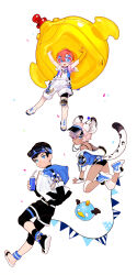  2boys anchor animal_ears bandage_on_face bandages black_hair black_shorts blue_eyes blue_jacket cat_ears cat_girl confetti drink eyewear_on_head female goggles highres holding holding_drink inflatable_toy jacket knee_pads knee_sleeve legband multiple_boys pink_hair posing rocoa sandals shoes short_hair short_sleeves shorts simple_background single_knee_pad smile sneakers stuffed_animal stuffed_toy tail whistle whistle_around_neck white_background white_hair 