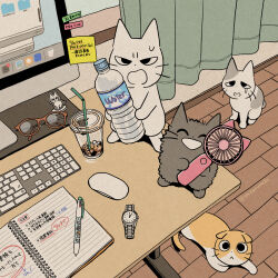  amayakasuneko ambiguous_gender bottle computer_mouse container domestic_cat eyewear felid feline felis feral glasses group hi_res japanese_text mammal mojacookie nagameruneko official_art shikaruneko shikaruneko_(series) text water_bottle 