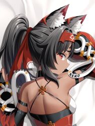  animal_ear_fluff animal_ears arm_strap backless_outfit bare_shoulders black_choker black_hair breasts cat_ears choker clothes_writing criss-cross_back-straps dark_skin female hair_intakes hairband highres hiroki_(hirokiart) long_hair looking_at_viewer nekomiya_mana red_eyes red_hairband small_breasts solo upper_body zenless_zone_zero 