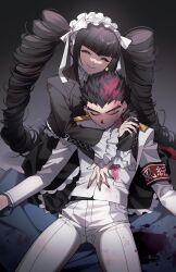  1boy ^_^ absurdres armband arms_around_neck behind_another bell_sleeves black_hair black_nails bleeding_from_forehead blood blood_in_hair blood_on_clothes blood_splatter blunt_bangs celestia_ludenberg closed_eyes closed_mouth danganronpa:_trigger_happy_havoc danganronpa_(series) drill_hair facing_viewer female fingernails gakuran gradient_background hand_on_floor head_on_chest highres hug hug_from_behind implied_death ishimaru_kiyotaka jacket jiu_zhi_jun_(kipll_bobo) kneeling long_fingernails long_hair maid_headdress pants pink_blood reclining red_armband school_uniform short_hair sidelocks smile spiked_hair twin_drills u_u very_long_hair white_jacket white_pants 