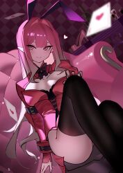  absurdres animal_ears ass baobhan_sith_(fate) blush breasts card cleavage_cutout clothing_cutout e-razor fake_animal_ears fate/grand_order fate_(series) female grey_eyes highres knee_up leotard looking_at_viewer pink_hair pink_nails playboy_bunny playing_card pointy_ears rabbit_ears red_leotard sitting smile solo thighs 