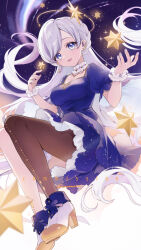  aurora blue_dress blue_eyes breasts commission constellation constellation_print crescent_moon dress earrings female footwear_ribbon galaxy hair_ornament halo high_heels highres indie_virtual_youtuber jewelry long_hair looking_at_viewer mizuhoshi_lyra momoyama_momo moon necklace night night_sky pantyhose scrunchie shoes short_sleeves single_leg_pantyhose skeb_commission sky smile solo star_(sky) star_(symbol) star_earrings star_hair_ornament star_necklace star_print starry_background starry_sky starry_sky_print very_long_hair virtual_youtuber white_hair wrist_scrunchie 