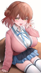  :d absurdres arm_at_side blue_ribbon blue_skirt blush breasts brown_hair buttons cardigan collared_shirt cowboy_shot desk female from_above gakuen_idolmaster hair_between_eyes hair_bun hanami_ume hand_up highres idolmaster kogane_mokon large_breasts long_sleeves looking_at_viewer lower_teeth_only medium_hair neck_ribbon on_desk open_mouth pink_cardigan pink_sleeves pleated_skirt ribbon school_uniform shirt single_side_bun sitting skirt sleeves_past_wrists smile solo teeth thighhighs v white_shirt white_thighhighs wooden_desk yellow_eyes zettai_ryouiki 