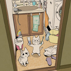  ambiguous_gender appliance brush domestic_cat duo felid feline felis feral hi_res laundry_machine mammal mojacookie official_art shikaruneko shikaruneko_(series) toothbrush toothpaste towel washing_machine whiskers 