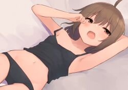  ahoge arm_behind_head arm_up armpits bare_arms bed_sheet black_camisole black_panties blush breasts brown_hair camisole centi_mnkt collarbone cowboy_shot dutch_angle female groin hair_between_eyes head_on_arm looking_at_viewer lying medium_hair midriff navel no_pants on_back open_mouth original panties red_eyes rubbing_eyes small_breasts solo thigh_gap underwear yawning 