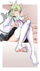  absurdres animal_ears blouse breasts cake cat_ears cat_girl cat_tail ceres_fauna ceres_fauna_(jirai_kei) choker cleavage cup female food full_body green_hair hair_ribbon highres holding holding_cup hololive hololive_english large_breasts long_hair mole mole_under_eye nail_polish official_alternate_costume pink_nails punpond ribbon shirt sitting skirt smile solo suspender_skirt suspenders tail teacup thighhighs torn_clothes torn_thighhighs twintails virtual_youtuber white_thighhighs yellow_eyes zettai_ryouiki 