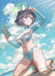  arms_up bikini bikini_bottom_only blue_archive blue_bikini bucket_hat full_body green_halo halo hat helmet highres holding holding_map ioriwu8 jacket kneeling map multicolored_clothes multicolored_jacket official_alternate_costume raglan_sleeves rash_guard saki_(blue_archive) saki_(swimsuit)_(blue_archive) sandals short_hair swimsuit two-tone_jacket 